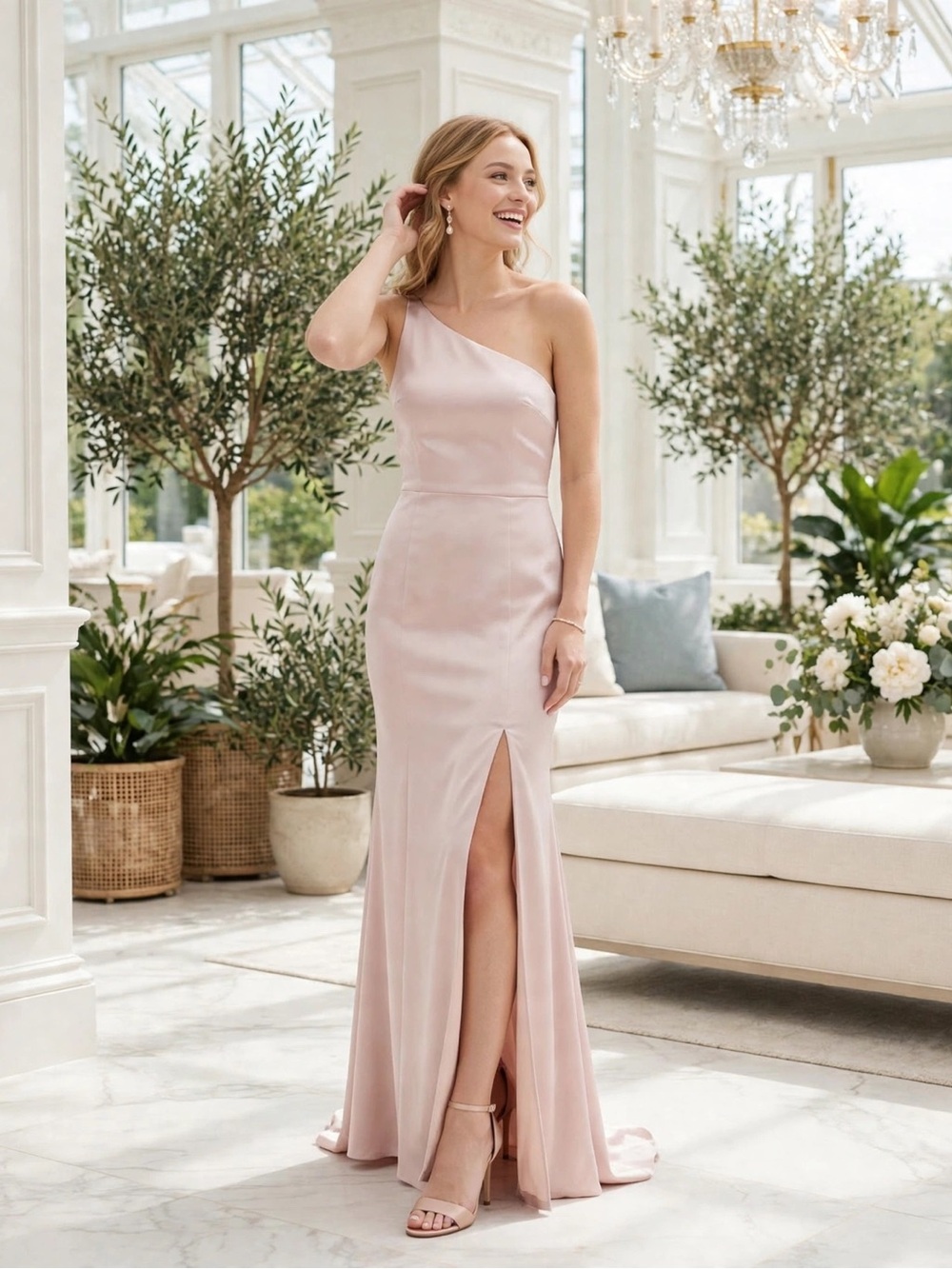Amsale Kaia Fluid Satin Bridesmaid Cream Maxi Dress 6 Wedding One Shoulder